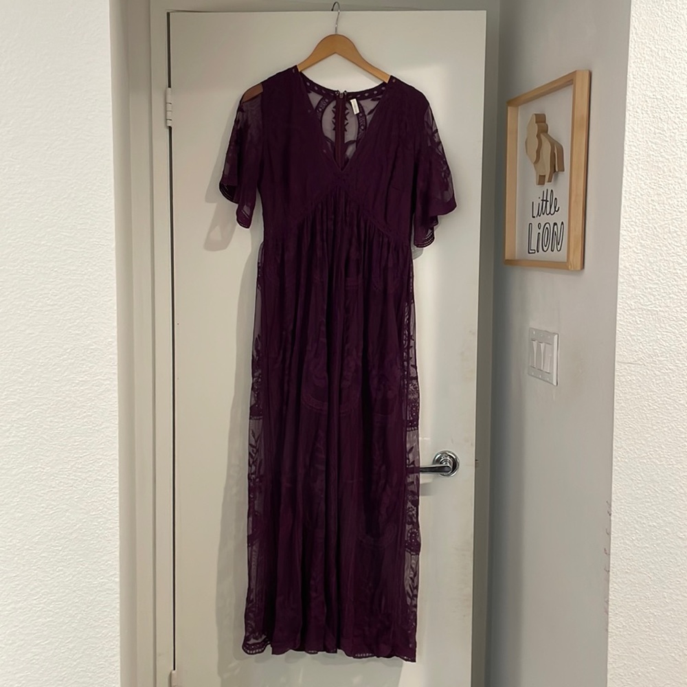 PinkBlush Deep Burgundy Lace Mesh Overlay Maternity Maxi Dress